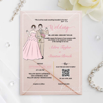 Wedding invitation card with illustrations of a bride and groom on a clear acrylic card.