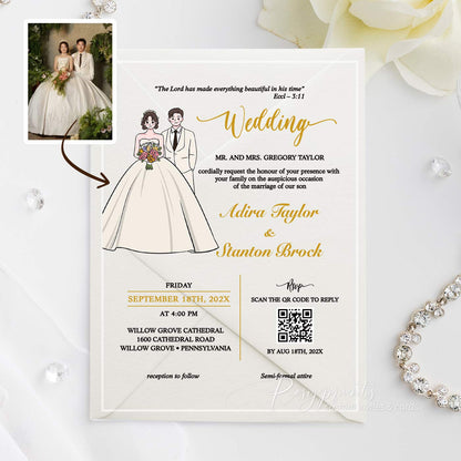 Wedding invitation card with illustrations of a bride and groom on a clear acrylic card.
