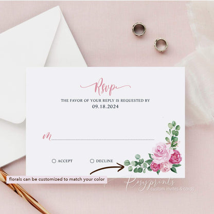 RSVP card with pink floral design