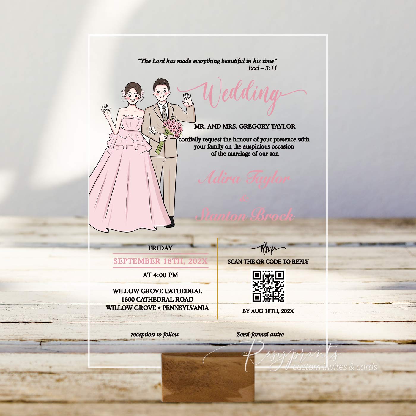 Wedding invitation card with illustrations of a bride and groom on a clear acrylic card.