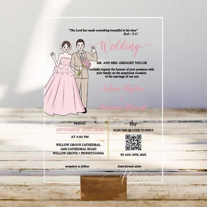 Wedding invitation card with illustrations of a bride and groom on a clear acrylic card.