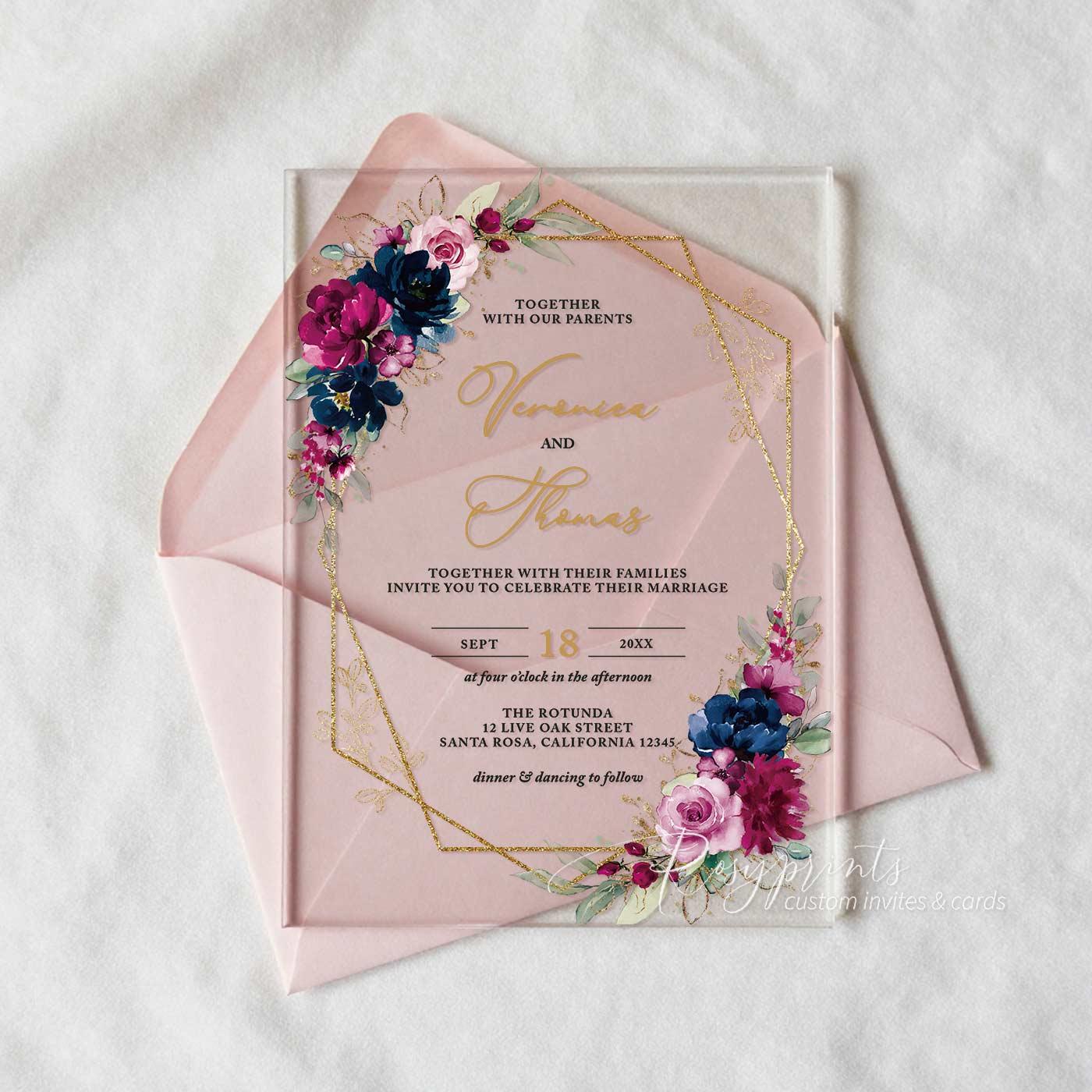 hot pink and navy blue floral acrylic wedding invitations