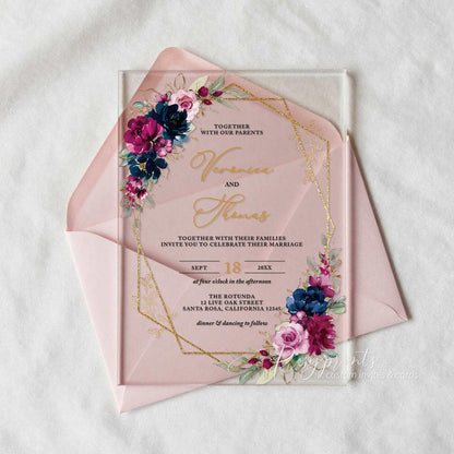 hot pink and navy blue floral acrylic wedding invitations