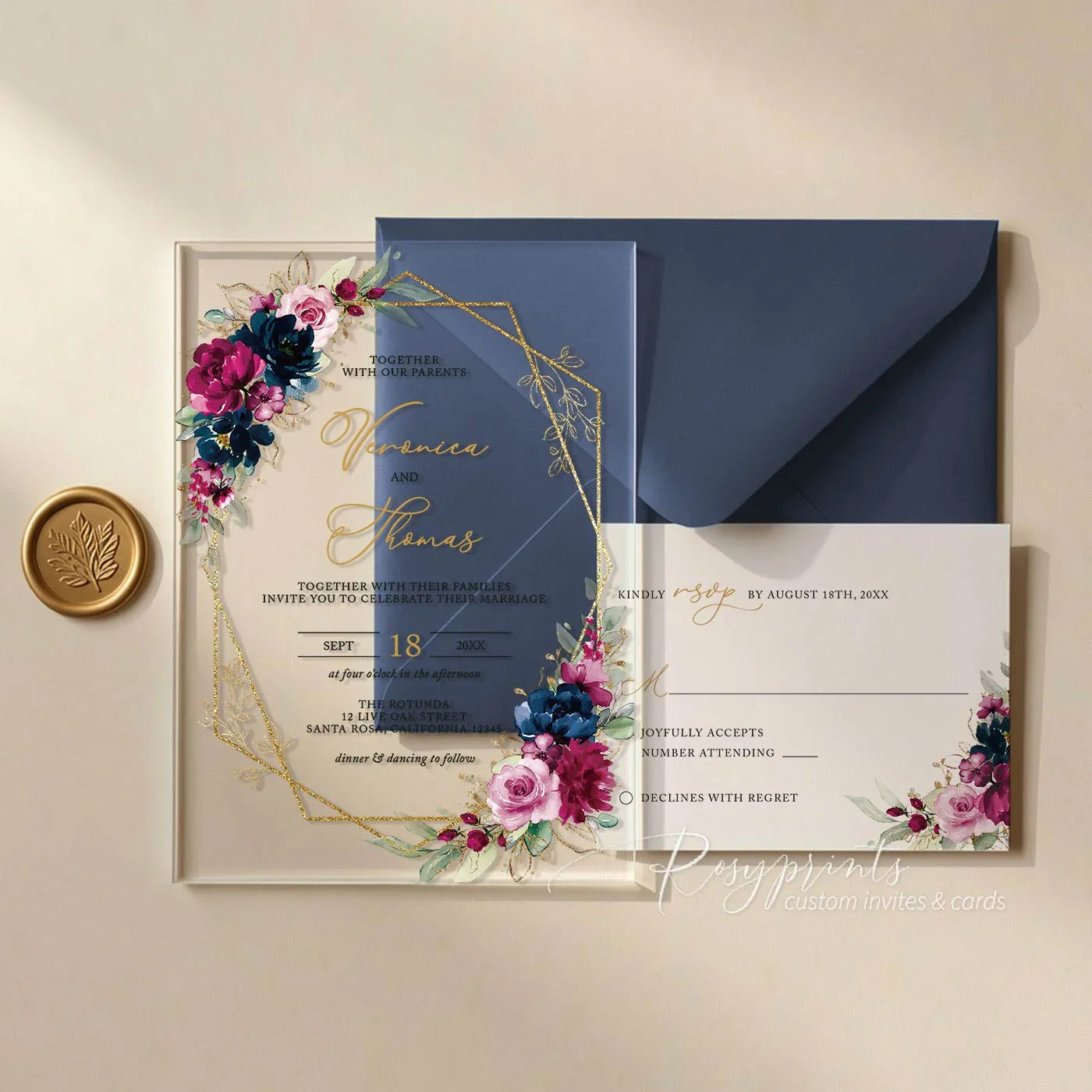 hot pink and navy blue floral acrylic wedding invitations