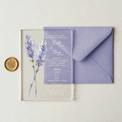 lavender purple flower acrylic wedding invitations