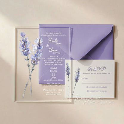 lavender purple flower acrylic wedding invitations