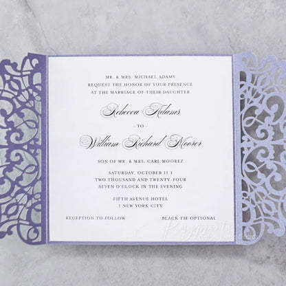simple elegant purple wedding invitations with silver bow 