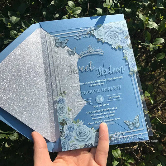 light blue silver acrylic sweet 16 quinceanera invitations