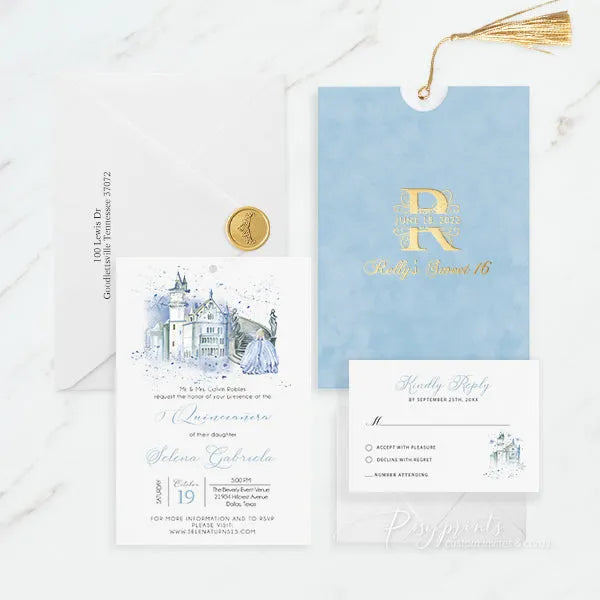 blue Cinderella quince sweet 16 birthday invitations ROSYP54 - Rosy Prints