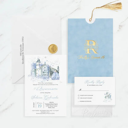 blue Cinderella quince sweet 16 birthday invitations ROSYP54 - Rosy Prints