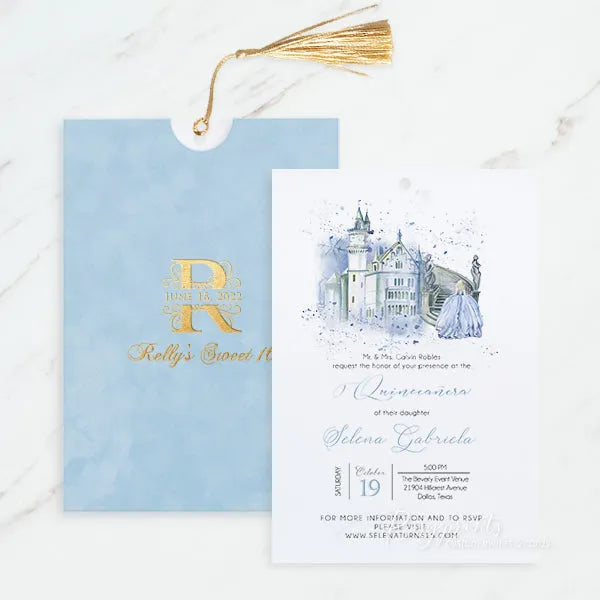 blue Cinderella quince sweet 16 birthday invitations ROSYP54 - Rosy Prints