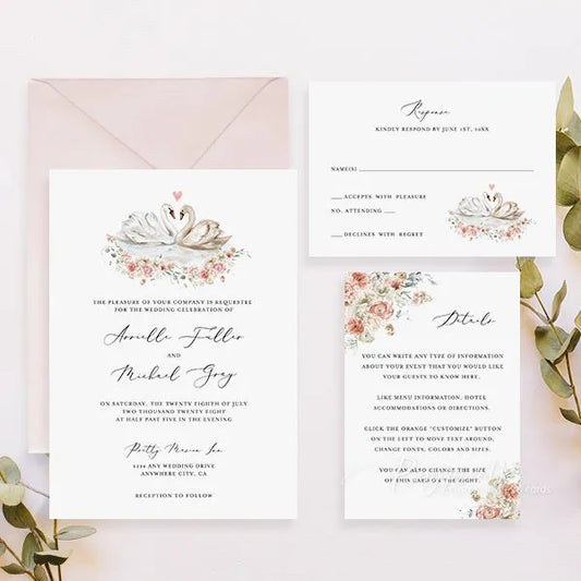 two swans in love pastel floral wedding invitations RPS41 - Rosy Prints