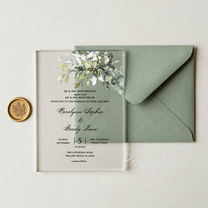 lush greenery clear acrylic wedding invitations