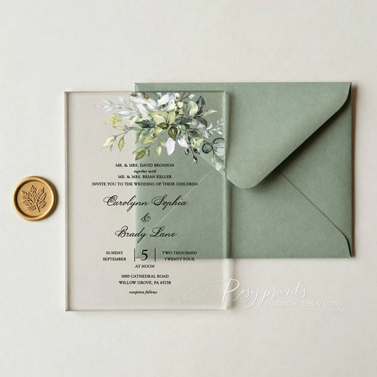 lush greenery clear acrylic wedding invitations
