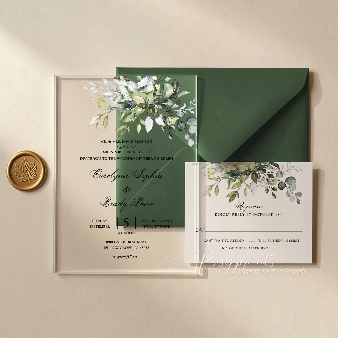 lush greenery clear acrylic wedding invitations