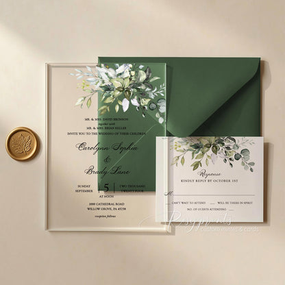 lush greenery clear acrylic wedding invitations