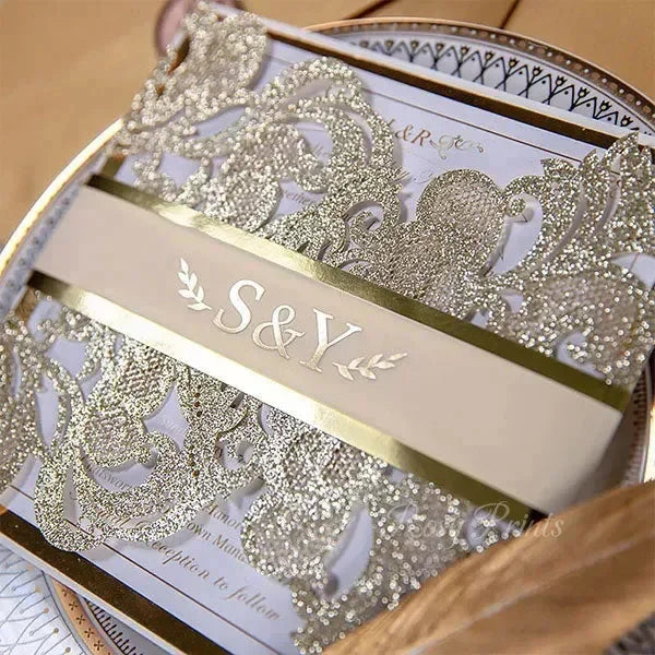 gold foil wedding invitations, laser cut sparkle wedding invitations ...