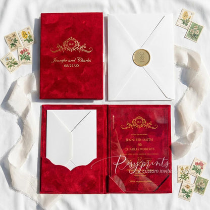 luxury acrylic velvet pocket wedding invitations with gold foil logo