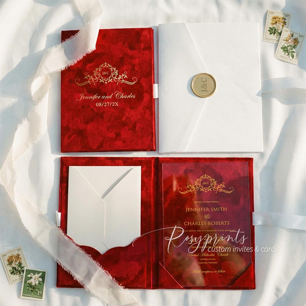 luxury acrylic velvet pocket wedding invitations with gold foil logo