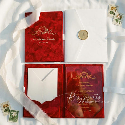 luxury acrylic velvet pocket wedding invitations with gold foil logo