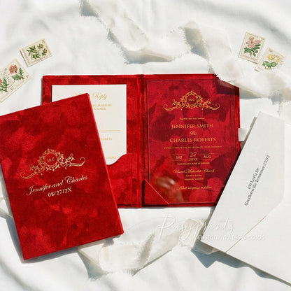 luxury acrylic velvet pocket wedding invitations with gold foil logo