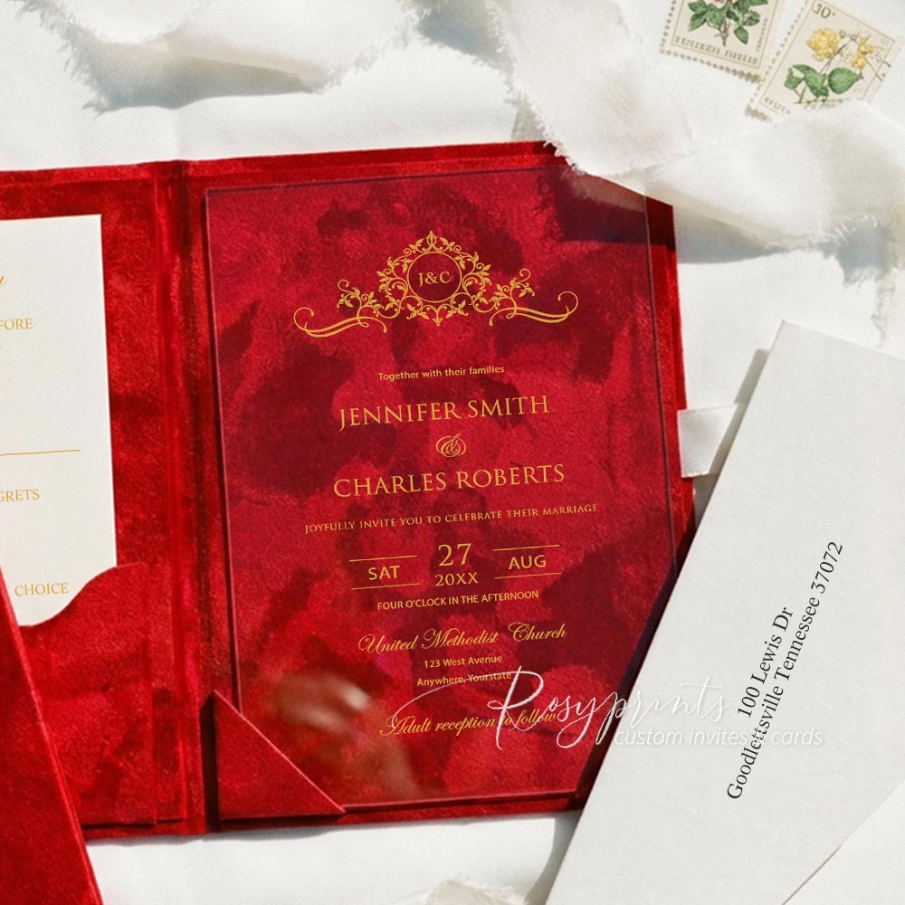 luxury acrylic velvet pocket wedding invitations with gold foil logo