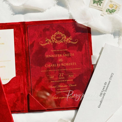 luxury acrylic velvet pocket wedding invitations with gold foil logo