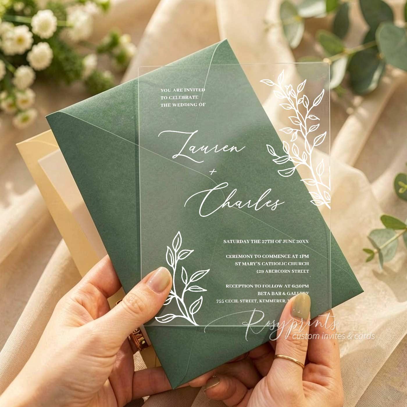 minimal greenery clear acrylic wedding invitations