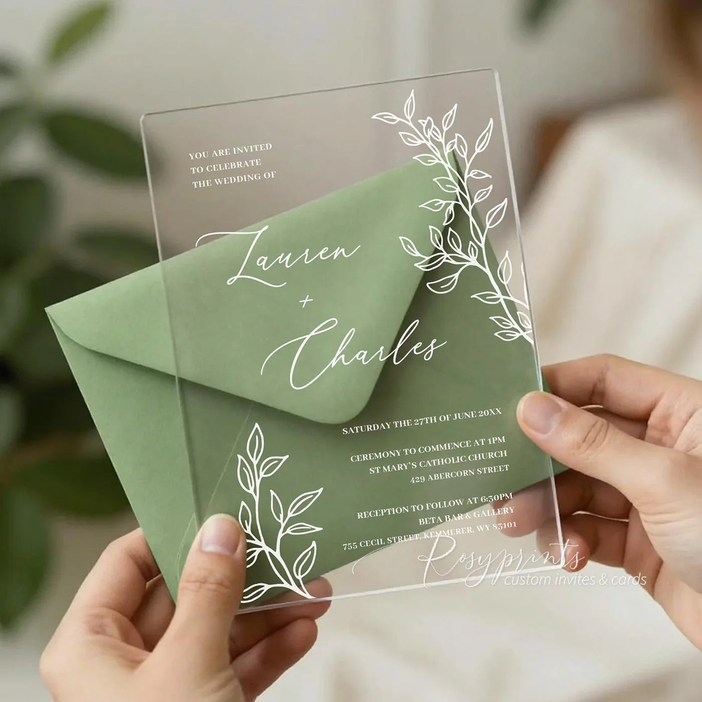 minimal greenery clear acrylic wedding invitations