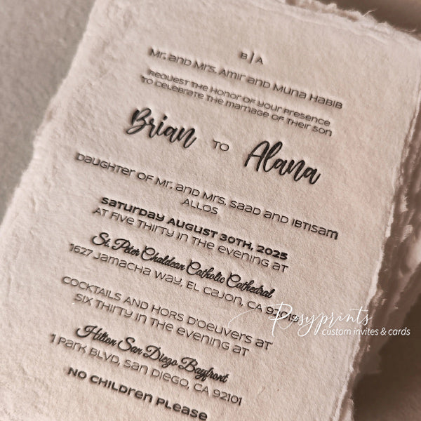 rustic letterpress wedding invitations with deckled edge