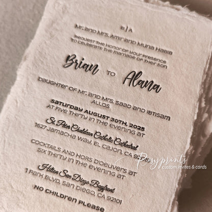 rustic letterpress wedding invitations with deckled edge