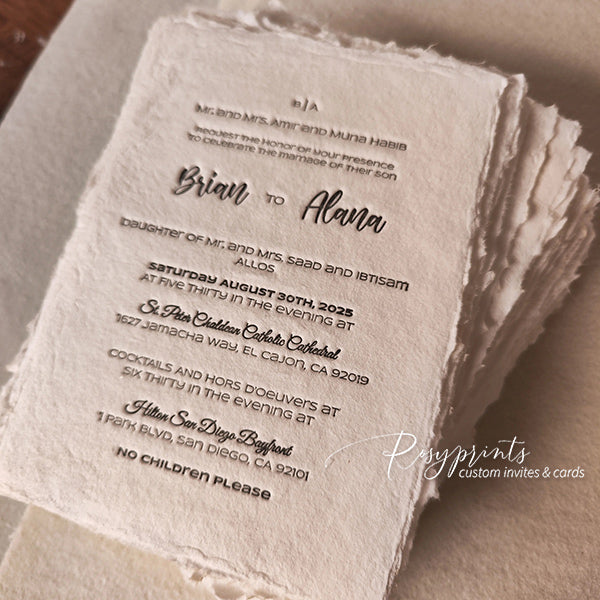 rustic letterpress wedding invitations with deckled edge