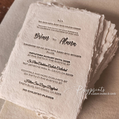 rustic letterpress wedding invitations with deckled edge