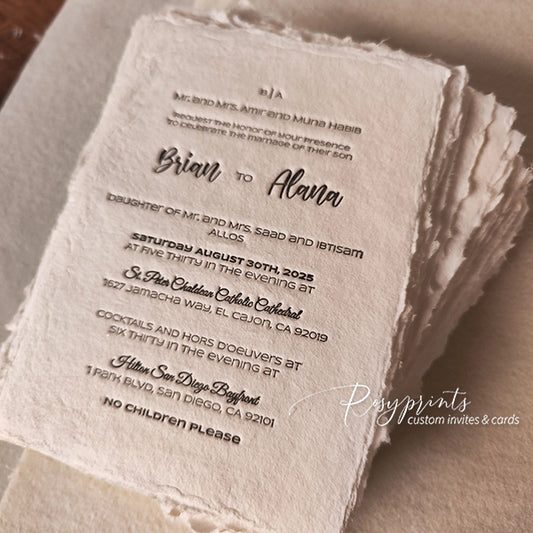 rustic letterpress wedding invitations with deckled edge
