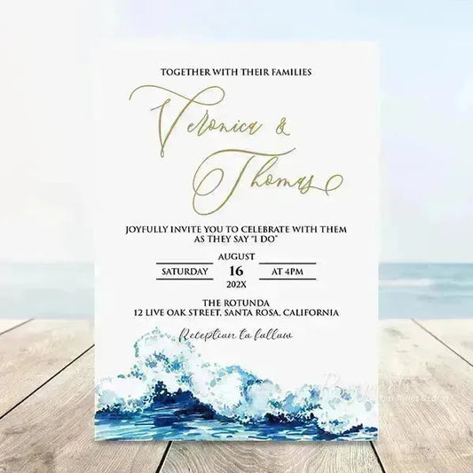 Minimal ocean blue beach wedding invitations RPS27 - Rosy Prints
