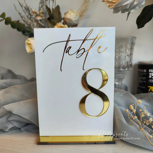acrylic mirror gold wedding table numbers with base, 5sets - Rosy Prints