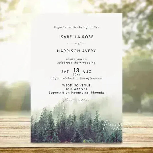 misty forest pine tree woodland wedding invitations RPS31 - Rosy Prints