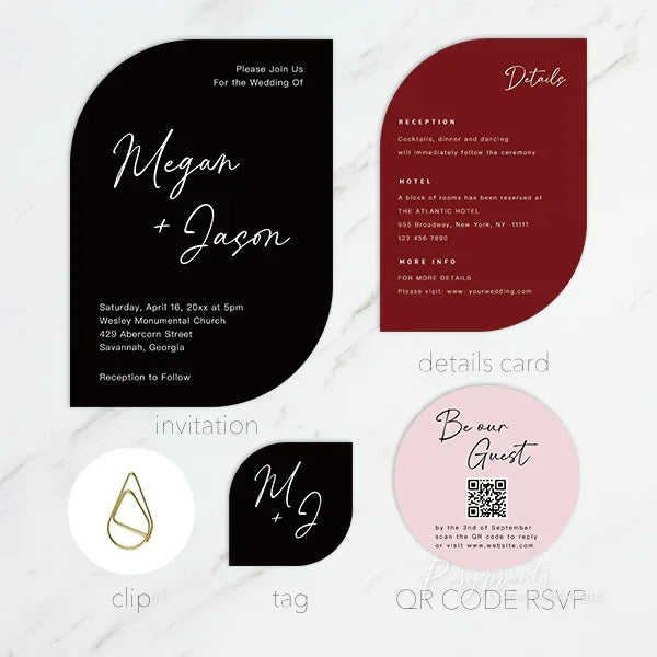 modern black and burgundy arched wedding invitations