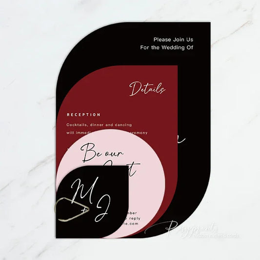 modern black and burgundy arched wedding invitations