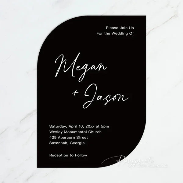 modern black and burgundy arched wedding invitations