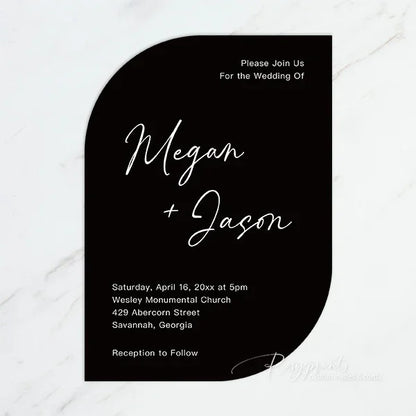 modern black and burgundy arched wedding invitations