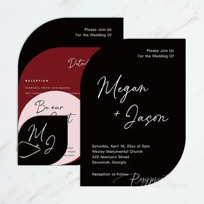 modern black and burgundy arched wedding invitations