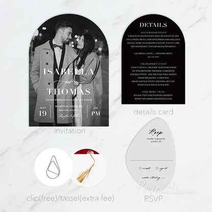 modern black and white arched wedding invitations with pictures