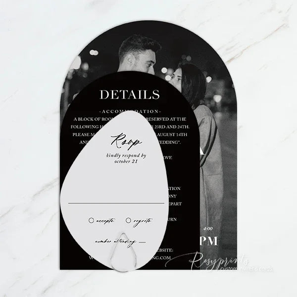 modern black and white arched wedding invitations with pictures