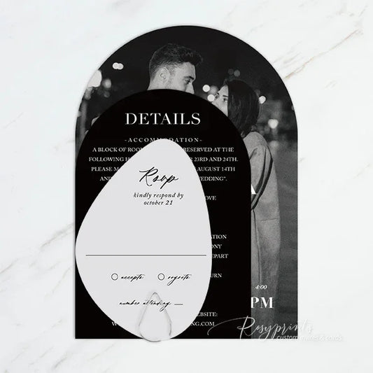 modern black and white arched wedding invitations with pictures