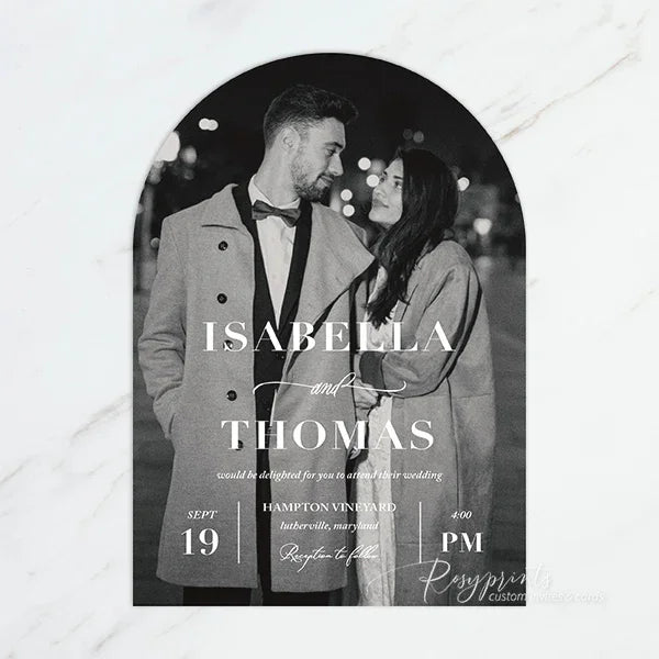 modern black and white arched wedding invitations with pictures