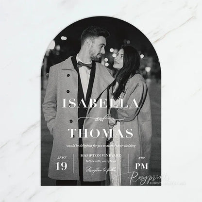 modern black and white arched wedding invitations with pictures