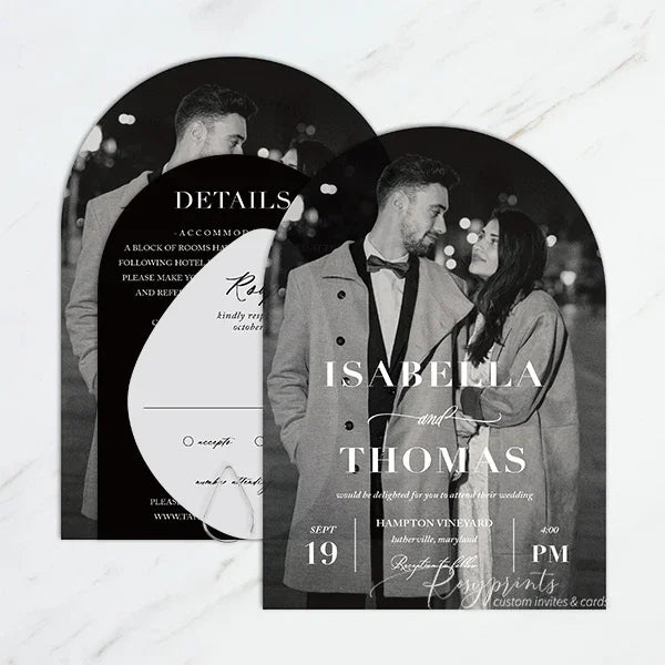 modern black and white arched wedding invitations with pictures