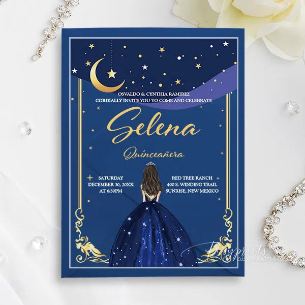 starry night blue and gold acrylic quinceanera invitations ROSYA96 - Rosy Prints