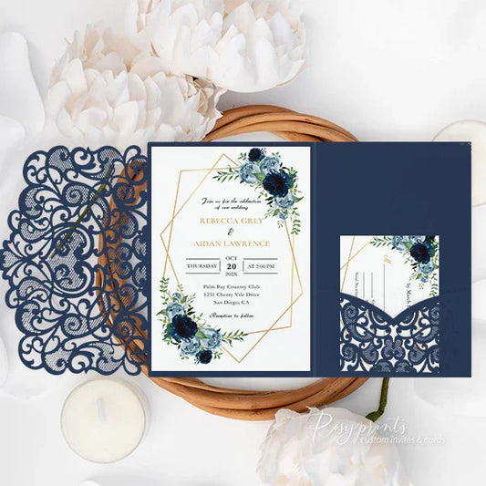 dusty blue navy blue floral wedding invitations ROSYP21 - Rosy Prints